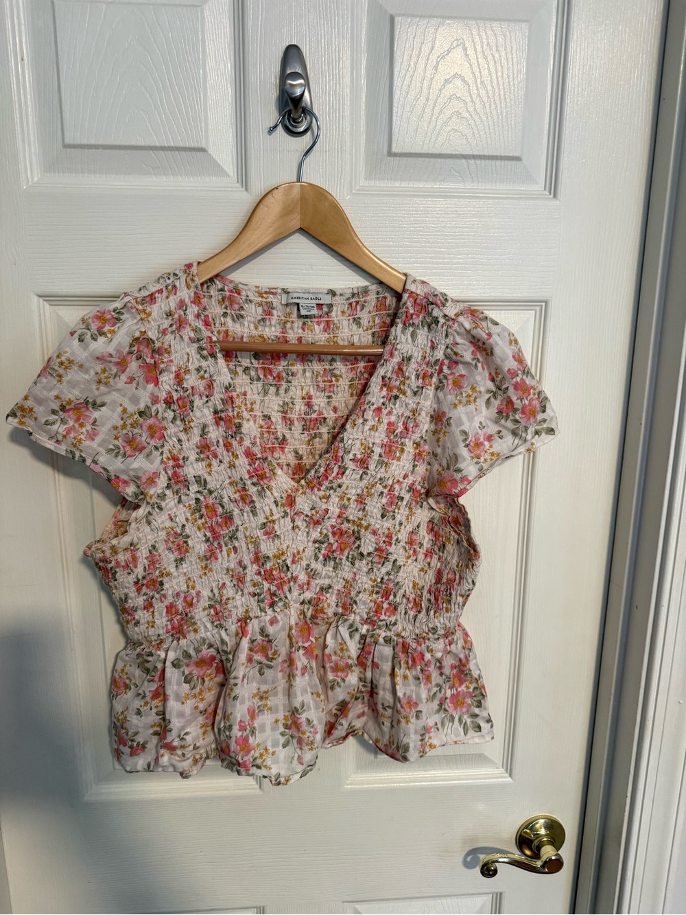American Eagle Outfitters Cream Pink Floral Smocked Peplum Top
